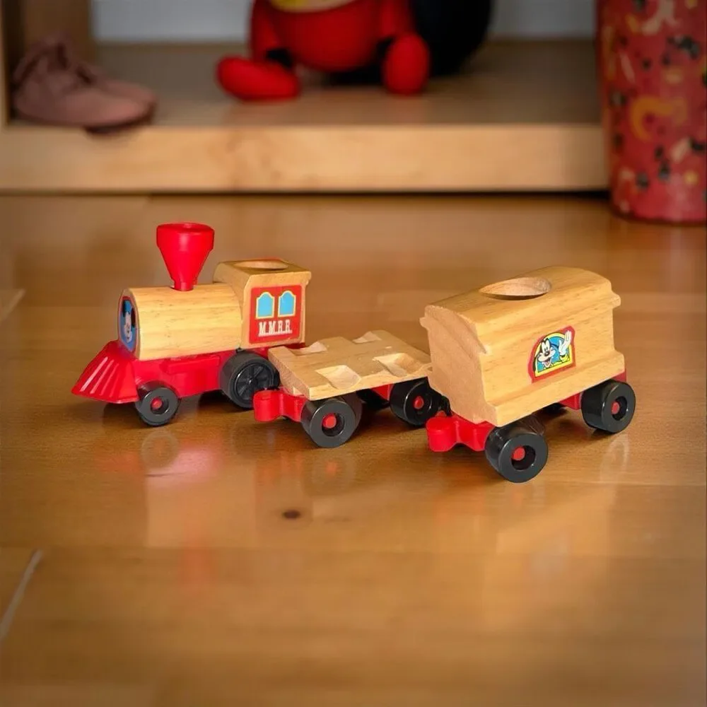 Vintage Mattel Disney Mickey Mouse Rail Road Train Wood & Plastic 3 Pc Set A41